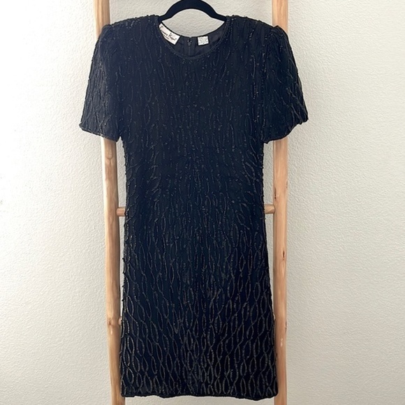 Vintage Lawrence Kazar New York 100% Silk Sequins & Beaded Cocktail Dress 0044 - Picture 2 of 10